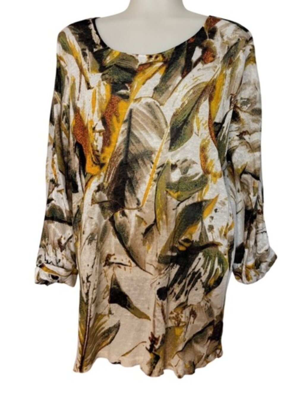 ZOZO‎ Tropical Leaf Print Long Sleeve Knit Tunic Top Women's XL preowned EUC FUN